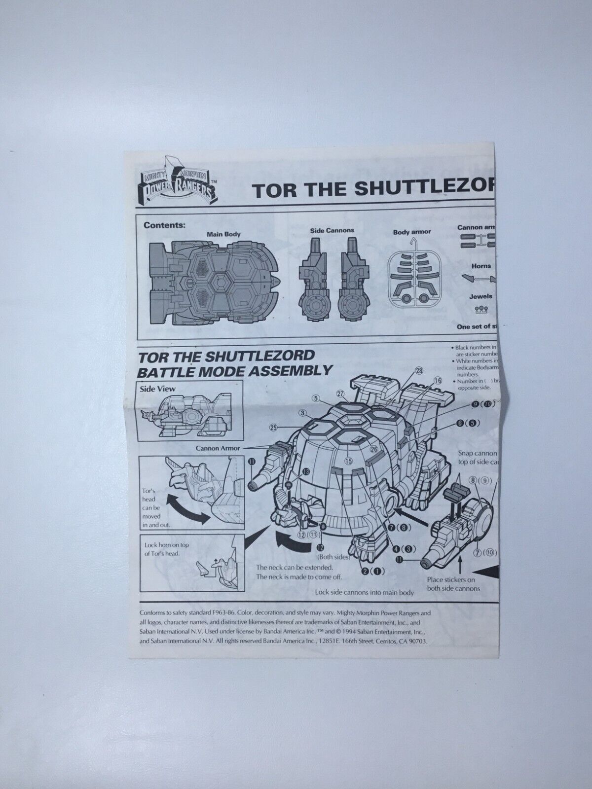 Vintage Bandai MMPR Power Rangers Tor Instructions